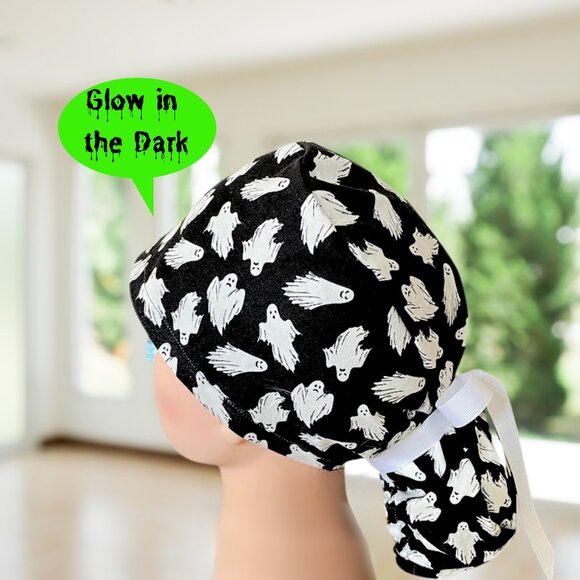 Glow In The Dark Ghosts~ Ponytail Scrub Cap, Surgical Hat, OR, CNA, NP, MD, Gift - Picture 1 of 6